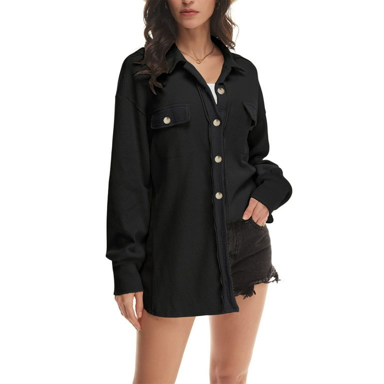 Rivelino Women s Shacket Jacket Waffle Knit Button Down Blouse Shirts Long Sleeve Boyfriend Shirt Jacket Walmart