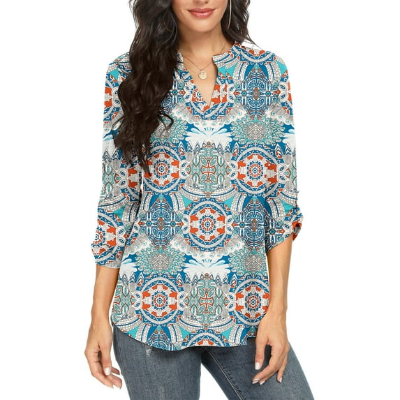 Rivelino Womens 3/4 Sleeve Tunic Tops Floral Printed Notch V Neck Blouses Shirts