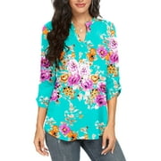 Rivelino Womens 3/4 Sleeve Tunic Tops Floral Printed Notch V Neck Blouses Shirts