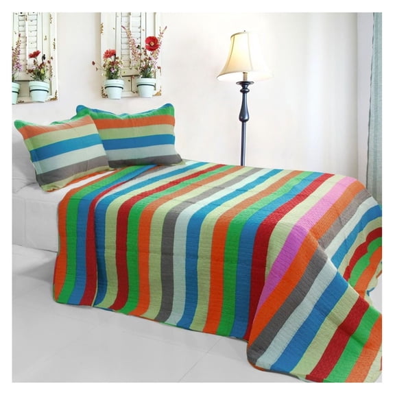 [ River] 3PC Cotton Vermicelli-Quilted Printed Quilt Set (Full/Queen Size)