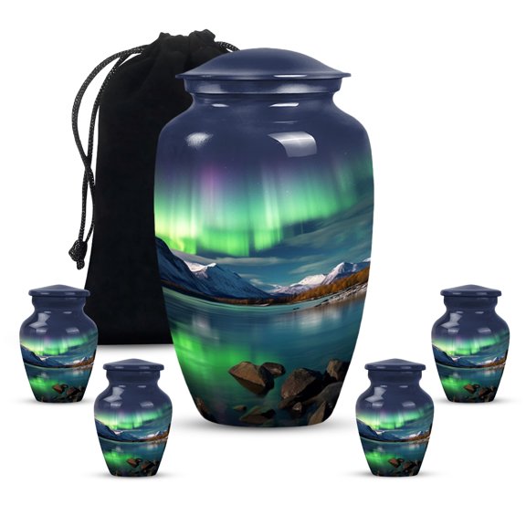 River Aurora Small Funeral Urn For Ashes For Women - Large Memorial Urns For Human Ashes Adult Man - Handcrafted Decorative Gifts For Cremation Combo 10Inch 200Lbs And 3Inch 4 Keepsake Urn