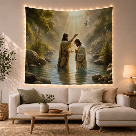 River Baptism Scene Tapestry Wall Hanging