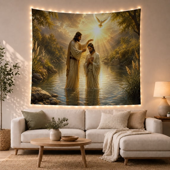 River Baptism Scene Tapestry Wall Hanging