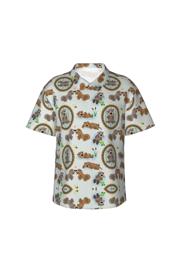 River Beaver Hawaiian Shirts For Men, Summer Short-Sleeve Relaxed-Fit Button-Down Shirts Large