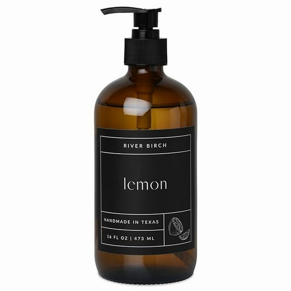 River Birch Lemon Scented Natural Hand Soap - Handmade Organic Moisturizing Hand Wash with Amber Dispenser Vegan and Non Toxic - 16 Fl Oz