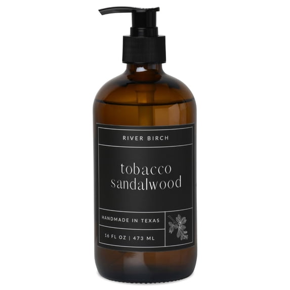 River Birch Tobacco Sandalwood Scented Natural Hand Soap - Handmade Soap - Moisturizing Hand Wash with Amber Glass Dispenser - Luxury Scented Hydrating Hand Soap - Vegan and Non-Toxic - 16 Fl Oz