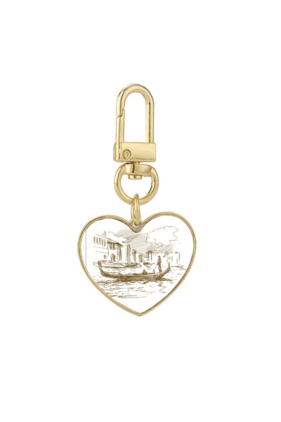 River Boat Landmark Sketch Landscape Gold Heart Keychain Metal Keyring Holder