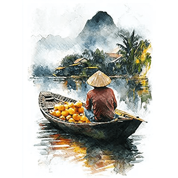 River Boat Man with Oranges Canvas Wall Art Suitable for Living Room Bedroom Office Dining Room and Hallway Decoration.