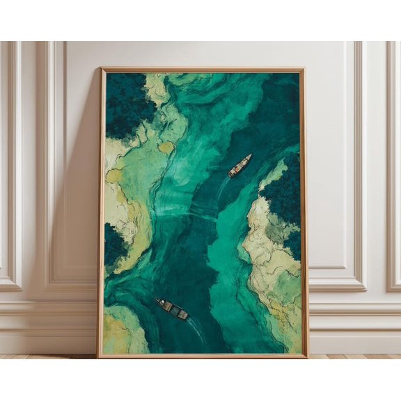 River Boats Channel Abstract Coastal Landscape Wall Art Print, Unframed Paper Poster 8x10in