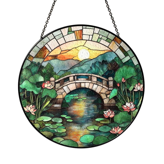 River Bridge Sunset Landscape Stained Glass Style Suncatcher Window Hanging Decor, Lotus Pond and Mountain Scene Window Ornament, Scenic Nature Decorative Glass Art Panel