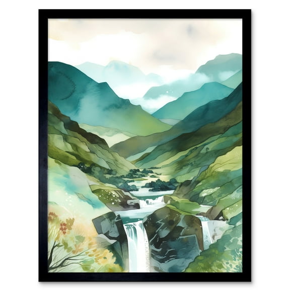 River Cascades Waterfall in Misty Landscape Modern Watercolour Painting Art Print Framed Poster Wall Decor 12x16 inch
