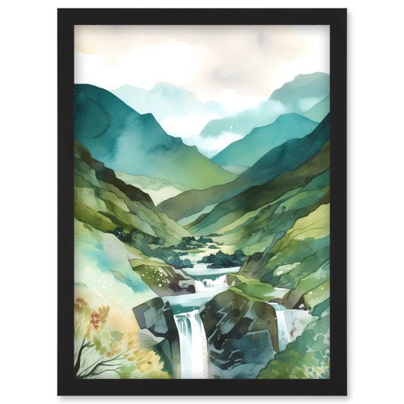 River Cascades Waterfall in Misty Landscape Modern Watercolour Painting Artwork Framed Wall Art Print A4
