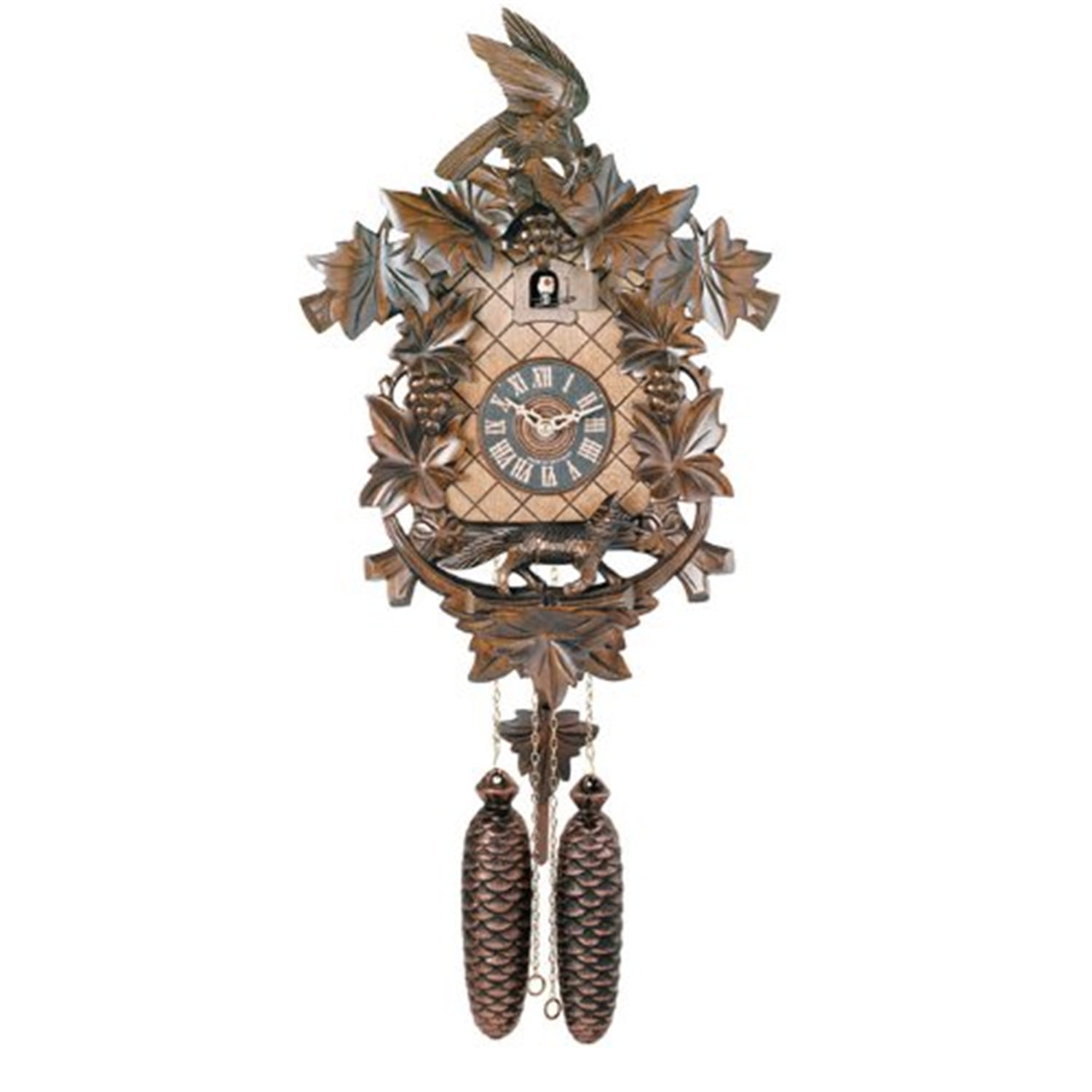 Eight Day Hand-carved Cuckoo Clock with Aesop's Fable Themed Carvings - Fox, Bird and Grapevines