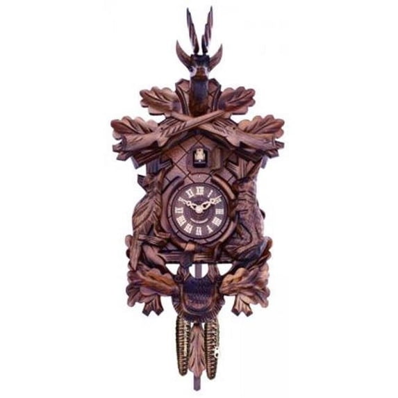 River City Cuckoo 819-16Q Hunters Cuckoo Clock with Hand-carved Oak Leaves- Bunny- Bird- and Crossed Rifles- and Buck - 16 Inches Tall