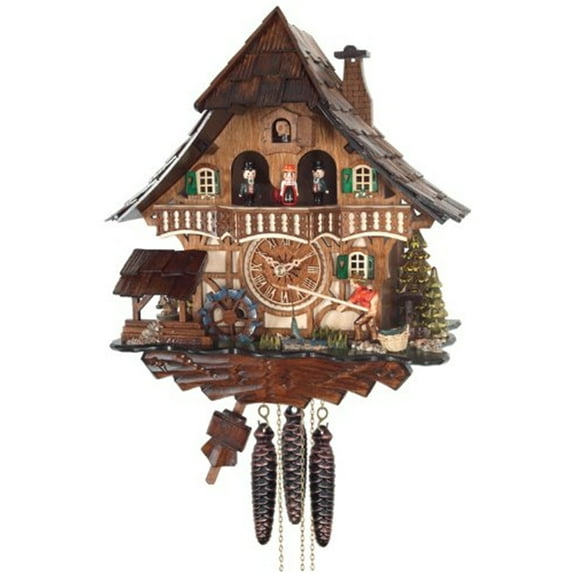 River City Cuckoo MD416-13 One Day Musical Cuckoo Clock Cottage - Fisherman Raises Pole and Moving Waterwheel