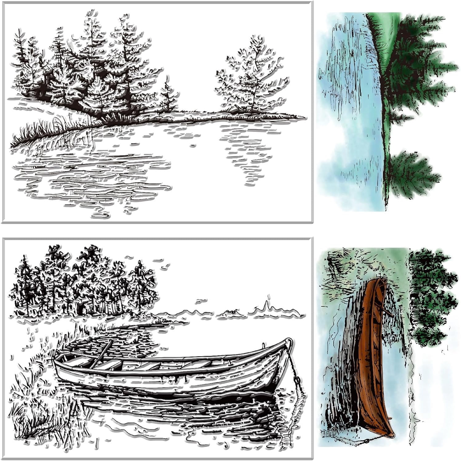 River Clear Stamp Scene Forest Tree Boat Lake Plant Nature Scenery ...