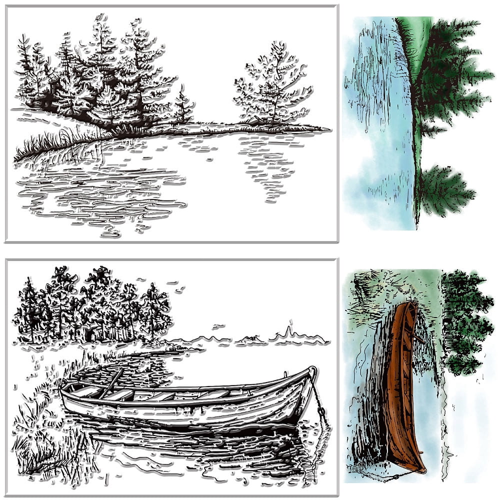 River Clear Stamp Scene Forest Tree Boat Lake Plant Nature Scenery ...