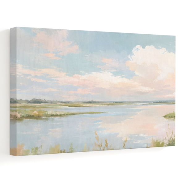 River Cloud Canvas Wall Art, Spring Rustic Green Meadow Reeds Nature Landscape Wall Art Prints Artwork Framed Canvas Ready to Hang Art Pictures for Bathroom, Dressing Table, Entryway 12" x 8"