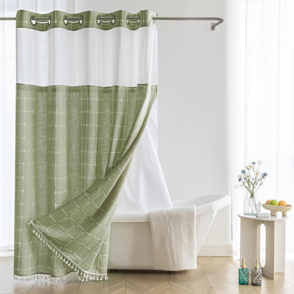 Sage Green Farmhouse Shower Curtain with Snap-in Liner, No Hooks Needed,with Magnets,with Tassels,Water Repellent&Machine Washable,71x86Inch