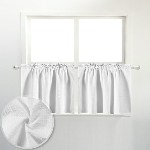 River Dream Waffle Kitchen Curtains Valance for Cafe 2 Panels, 36 Inch Short, 36"x24", White