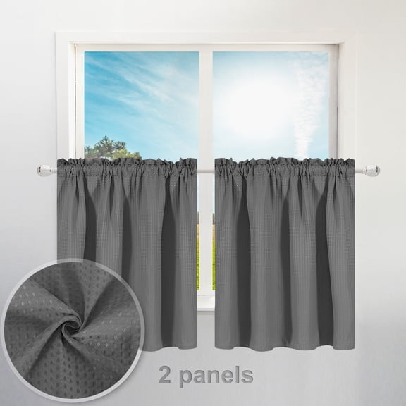 River Dream Waffle Kitchen Curtains Valance for Cafe 2 Panels, 36 Inch Short, 36"x30", Grey