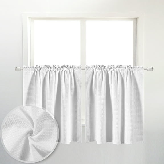 River Dream Waffle Kitchen Curtains Valance for Cafe 2 Panels, 36 Inch Short, 36"x30", White