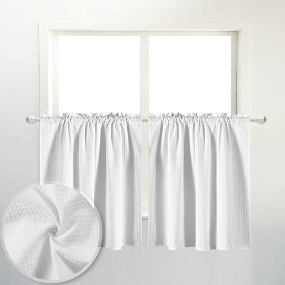 River Dream Waffle Kitchen Curtains Valance for Cafe 2 Panels, 36 Inch Short, 36"x30", White
