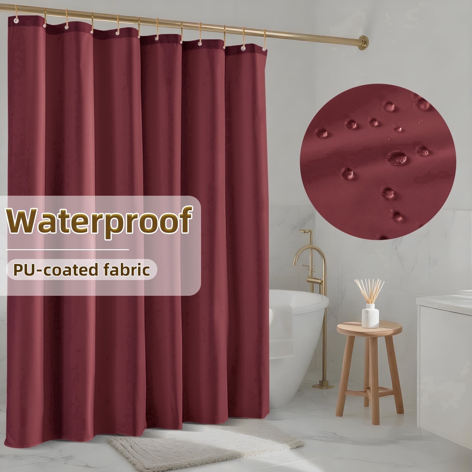 Yiannan Waterproof Fabric Shower Curtain Liner with 3 Magnets,Machine Washable，Mold Resitant,72x72inch,Burgundy
