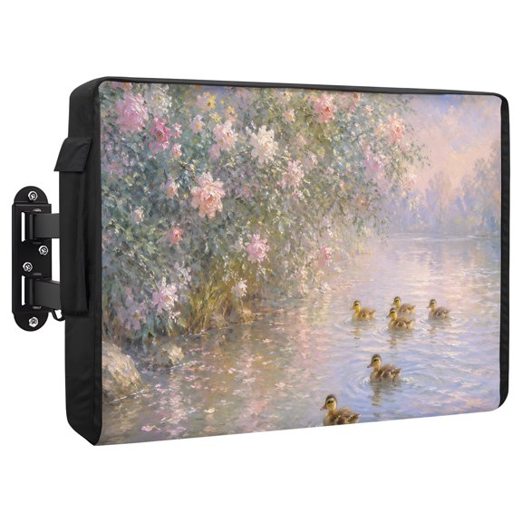 River Ducks Waterproof Outdoor TV Cover, Country Vintage Coastal Tree Pink Flowers Landscape Outside Weatherproof TV Enclosures for 30 to 32 Inch LCD Television Shield Flat Screen Protectors