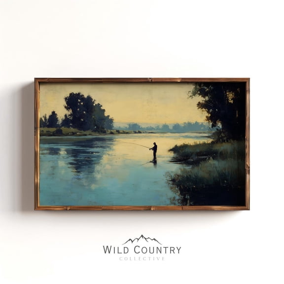 River Fishing Art Print Fly Fisherman Picture Vintage River Landscape Artwork Nature Theme Living Room Wall Decor Outdoor Picture Vintage Unframed Paper Print