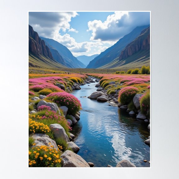 River Flower Water Stone Valley Mountain Cloud Poster Wall Art, Modern Wall Decor, 8x12 UNFRAMED