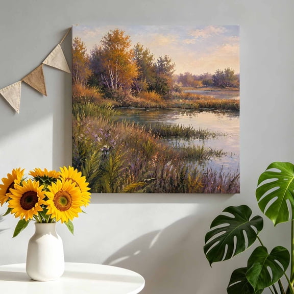 River Forest Canvas Wall Art, Rustic Brown Green Birch Tree Reed Woodlands Framed Canvas Wall Decor Picture Print Artwork Decorations for Living Room Office Ready to Hang 8" x 8"