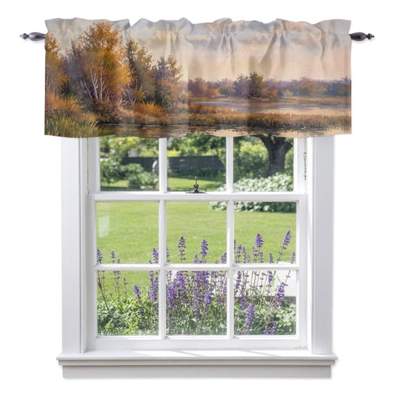 River Forest Valances for Windows, Rustic Brown Green Birch Tree Reed Woodlands Valance Window Treatment Rod Pocket Short Curtains Valances for Kitchen Bathroom 42"W x 12"L