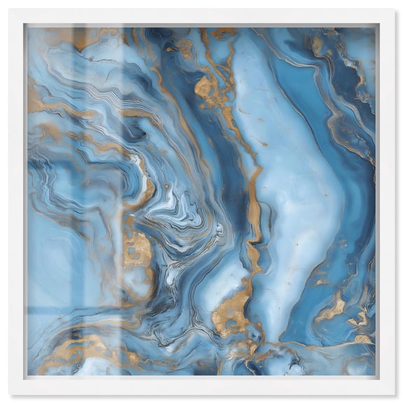 River Gold Shadowbox Print Blue Abstract Art by Art Remedy, White Frame, 12 x 12