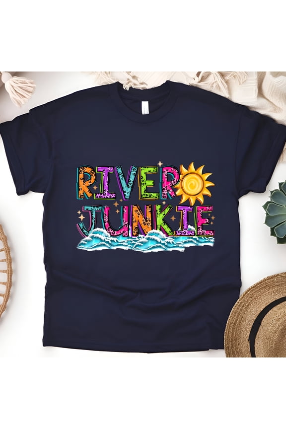 River Junkie T-Shirt, Colorful Summer River Graphic Tee for Outdoor Lovers, Navy, Size XL