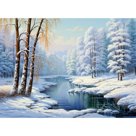 River Lake Winter Snow Scene 5D Diamond Art Painting by Number Kits for Adults DIY Paint with Round Full Drill Diamond Gems Painting Art Craft for Home Wall Decor 11.8x15.8inch