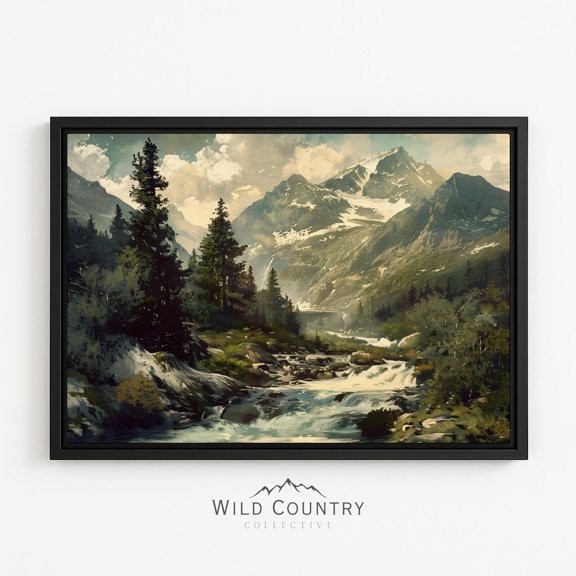 River Landscape Antique Mountain Rustic Western Scene Lodge Poster