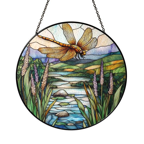 River Landscape Dragonfly Stained Glass Window Hanging, Scenic Nature Suncatcher Decor for Calm Botanical Home Styling