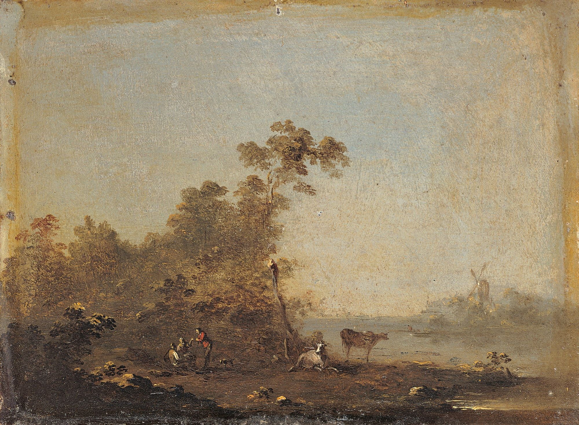 River Landscape With Animals And Figures Canvas Art - (36 x 24)