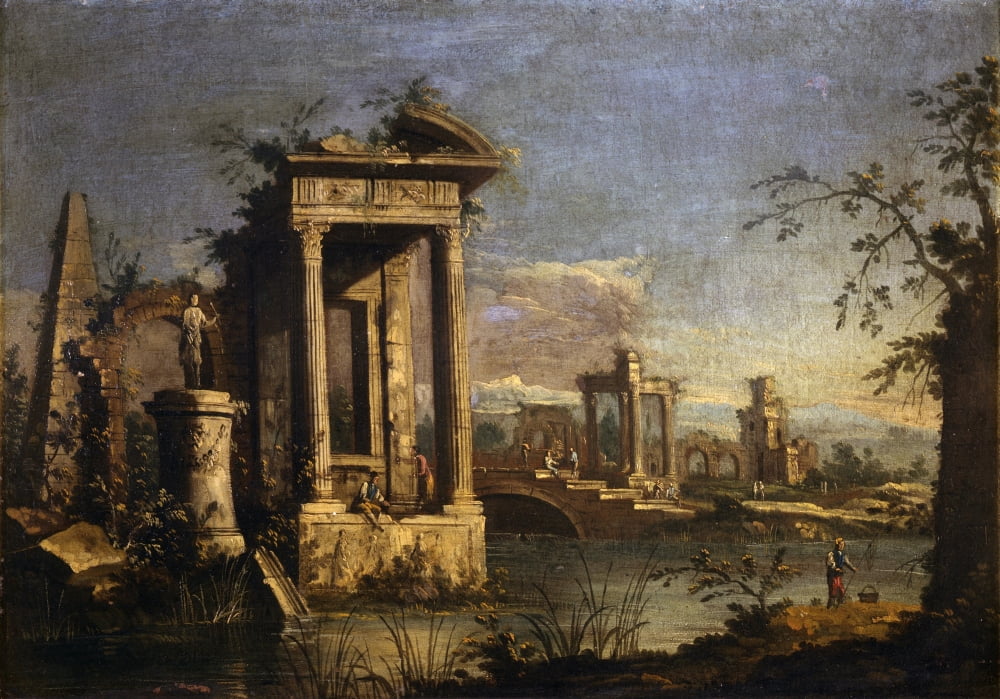 River Landscape With Ruins And Figures Canvas Art - (24 x 18)