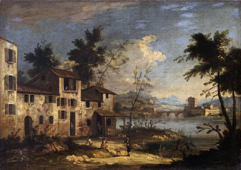 River Landscape With Rural Houses Canvas Art - (24 x 18)