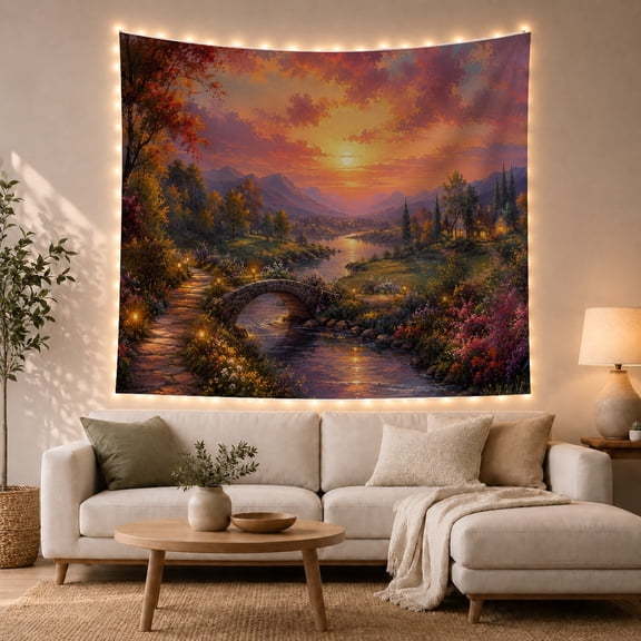 River Leading to Mountains at Sunset with Stone Bridge and Cottage, Dreamy Boho for Nature Lovers, Scenic Wall Art Decor, Housewarming Gift Tapestry Wall Hanging for Living Room and Bedroom