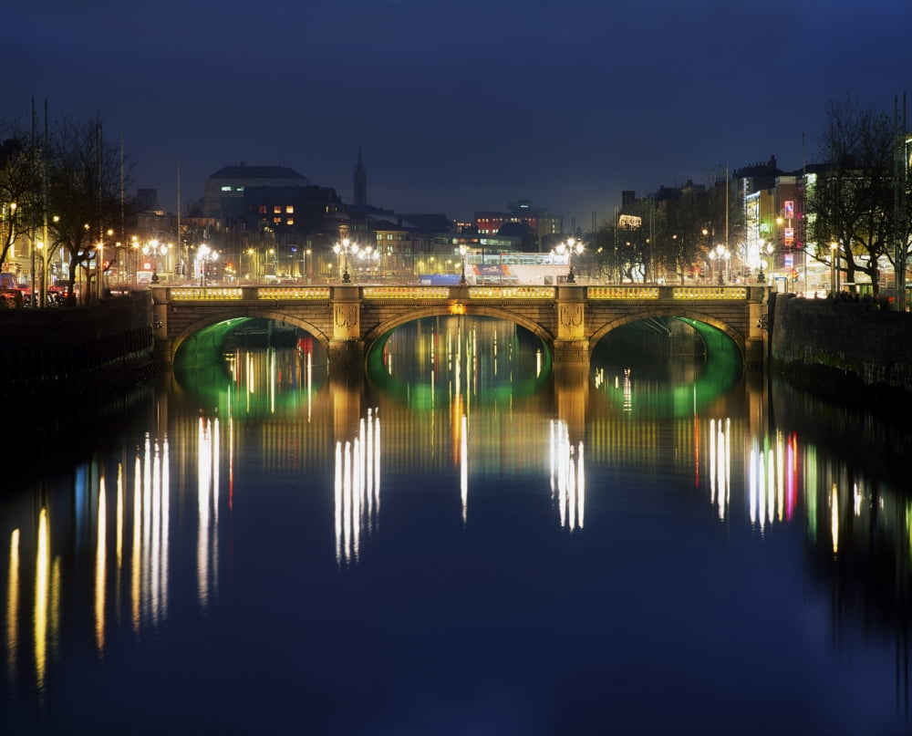 River Liffey At Night Oconnell Street Bridge Dublin Ireland Canvas Art - The Irish Image Collection Design Pics (34 x 26)