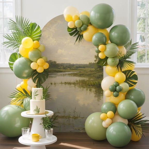 River Meadow Arch Backdrop Cover, 4FT, Rustic Country Green Riverbank Trees Landscape Spandex Arch Covers Double-Sided Backdrop for Wedding Birthday Party Photo Background Decoration