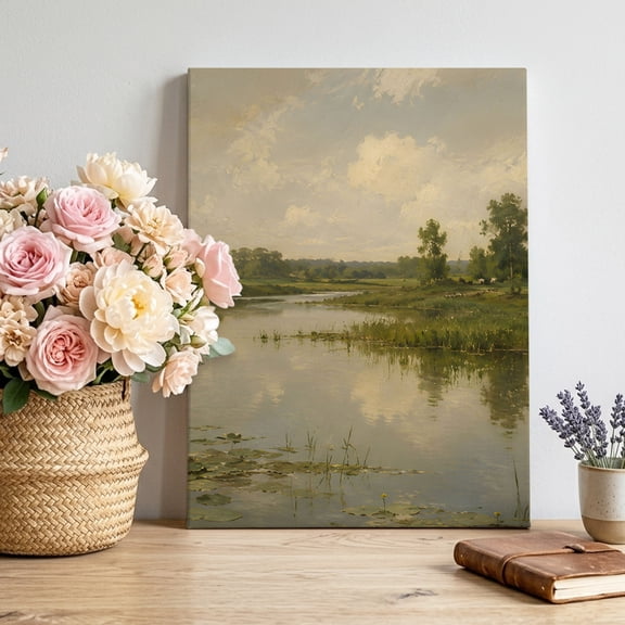River Meadow Canvas Wall Art for Living Room, Rustic Country Green Riverbank Trees Landscape Poster Print Painting for Small Bedroom Mini Dining Area Decoration Wall Pictures Prepare To Hang 11"x14"