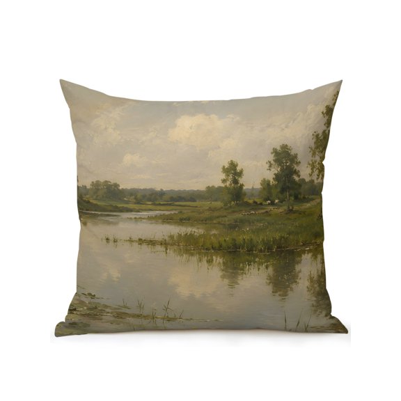 River Meadow Outdoor Throw Pillow with Insert, 16"x16" Rustic Country Green Riverbank Trees Landscape Waterproof Decorative Square Patio Pillows for Outside Furniture, Sofa, Porch, Garden