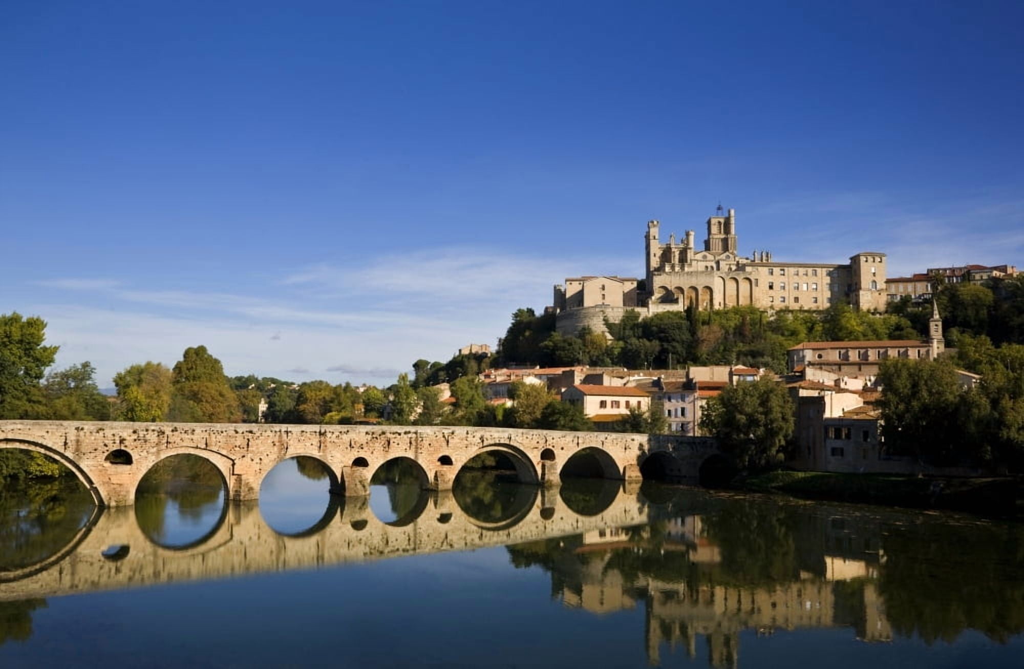 River Orb and St Nazaire Cathedral Bezier Languedoc-Roussillon France Canvas Art - Panoramic Images (36 x 24)