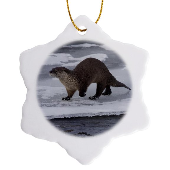 3drose, River Otter on Ice, 3 inch Snowflake Porcelain Ornament