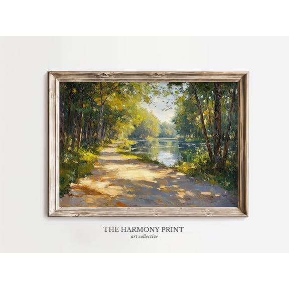 River Path Landscape Painting Sunlit Forest Wall Art Impressionist Nature Poster Tranquil Outdoor Decor , Poster Print Only