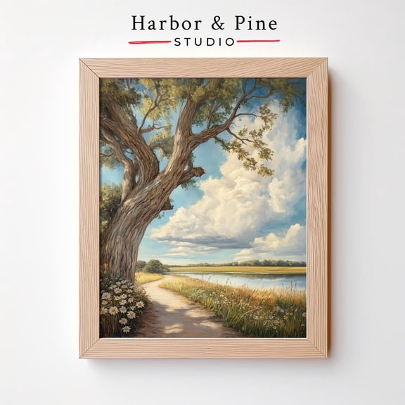 River Path by Gnarled Tree Tranquil Cottagecore Landscape, Unframed Paper Poster 11x14in